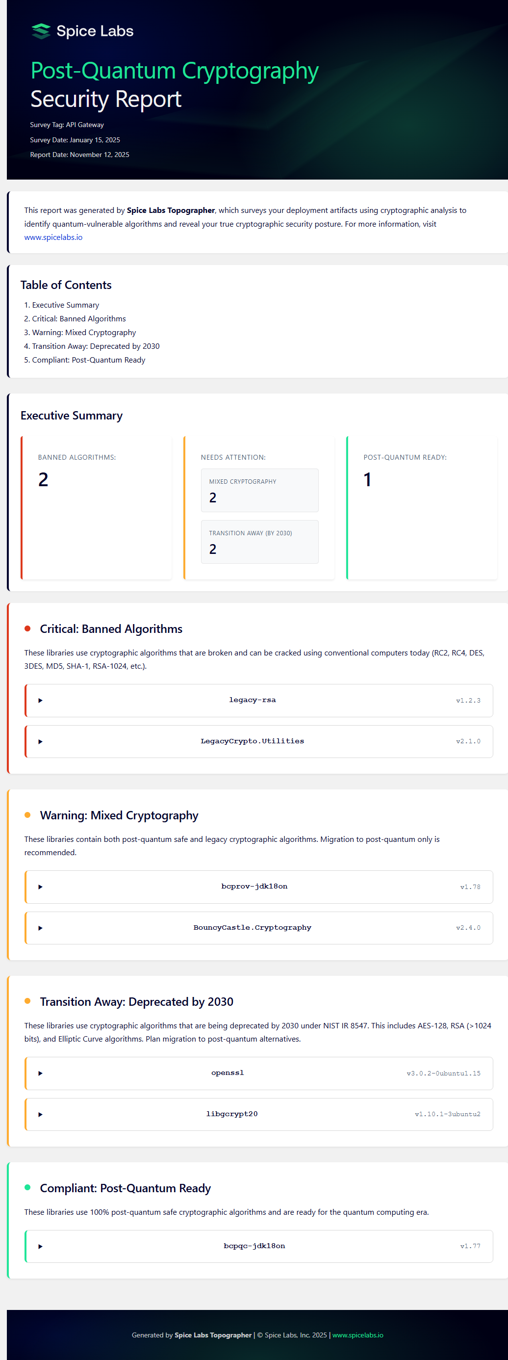 Executive Summary of a PQC Security Report from Spice Labs Full report example